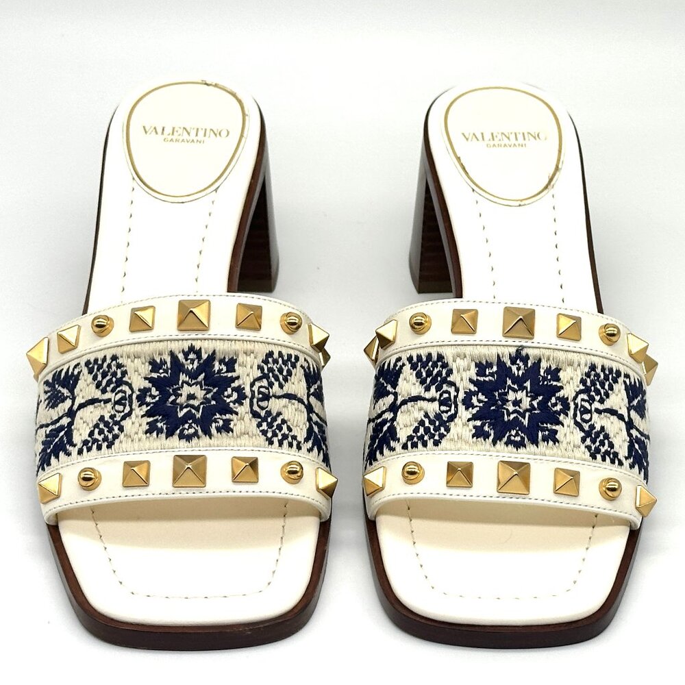 Valentino County Rockstud Slide Sandals Embroidered Mules Heels Shoes - Picture 8 of 16